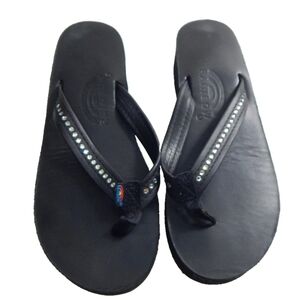 Rainbows Black Leather Swarovski Crystal Wedge Flip Flops